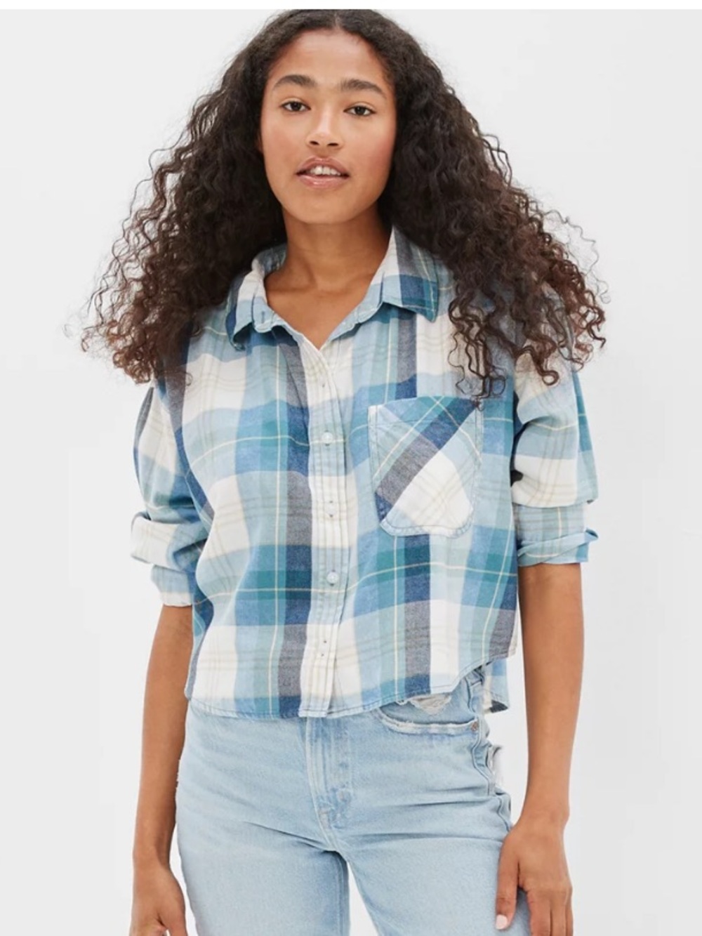 American Eagle Cropped Flannel Blue & White Plaid Button-Up Shirt